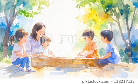 幼兒園老師和孩子們在沙箱玩耍的水彩畫 幼兒園老師和孩子們在沙箱玩耍的水彩畫 128217122