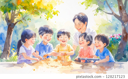 水彩畫:幼稚園老師和孩子在沙坑玩耍 水彩畫:幼稚園老師和孩子在沙坑玩耍 128217123