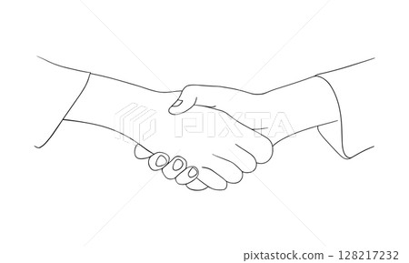Outline handshake icon, black thin line on white background. Business or friends hand concept, minimal art drawing. Deal, partnership sign 128217232