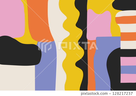 Simple abstract colorful collage. Trendy background with hand drawn overlay shapes. Fun childish doodle backdrop. Minimalist horizontal cover design template with copy space 128217237