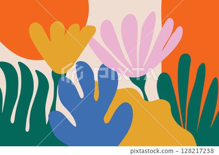 Abstract hand drawn flowers in bright colors. Floral doodle art vector design. Trendy banner template with copy space Abstract hand drawn flowers in bright colors. Floral doodle art vector design. Trendy banner template with copy space 128217238