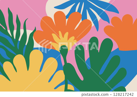 Hand drawn botanical background. Flowers and organic shapes in naive childish style. Abstract groovy vector design Hand drawn botanical background. Flowers and organic shapes in naive childish style. Abstract groovy vector design 128217242