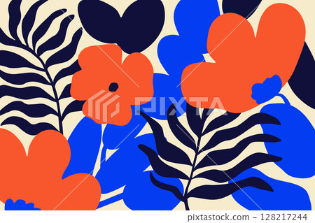 Red hand drawn flowers, blue palm leaves and blobs an beige background. Abstract poppy and tropical leaf in matisse art style. Primitive vector art design 128217244