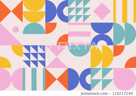 Abstract geometric background. Colorful mid century pattern. Modern design in doodle style. Vector trendy backdrop 128217249