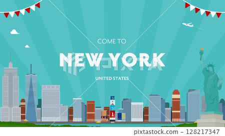 New York advertising background template (blue) decorated with the Statue of Liberty and office buildings 128217347