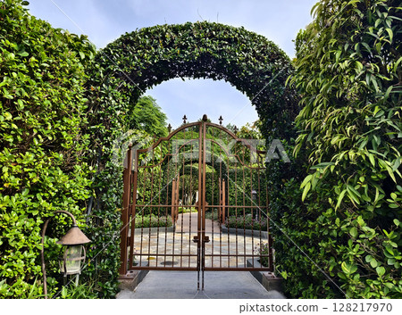 An ornate gate is beautifully surrounded by a lush green hedge An ornate gate is beautifully surrounded by a lush green hedge 128217970