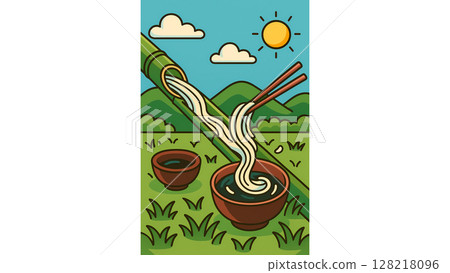 Cartoon illustration of somen noodles flowing through a bamboo waterway 128218096