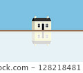 Minimalist House on  Greenfield Illustration with Reflection on River. 128218481