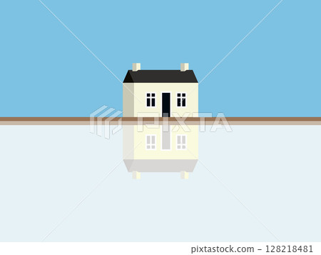 Minimalist House on  Greenfield Illustration with Reflection on River. 128218481