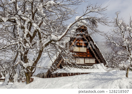 白雪皚皚的冬季 世界遺產 白川村 岐阜縣：一月 128218507