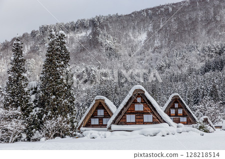 白雪皚皚的冬季 世界遺產 白川村 岐阜縣：一月 128218514