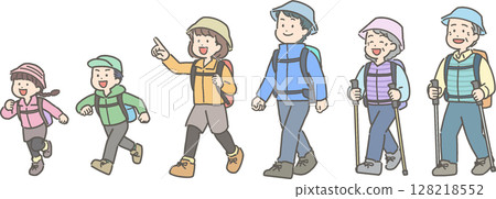 Illustration set of a three-generation family hiking and mountain climbing 128218552