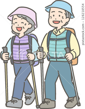 Illustration of a senior couple hiking and mountain climbing Illustration of a senior couple hiking and mountain climbing 128218554