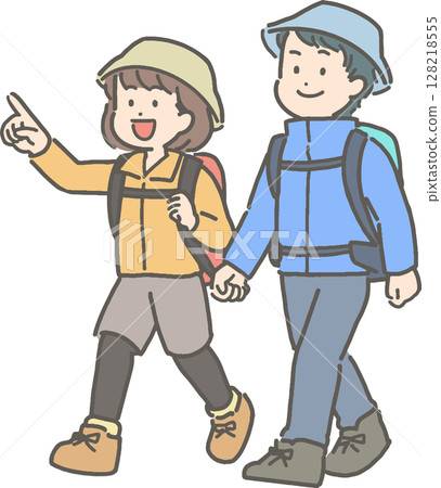 一對年輕夫婦徒步旅行和登山的插圖 128218555
