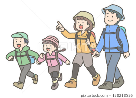 一家四口徒步旅行和爬山的插圖 128218556