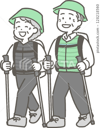 一對老年夫婦徒步旅行和登山的插圖 128218560