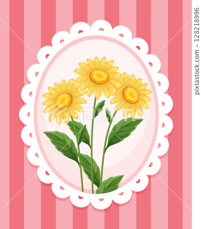 Sunflowers in Vintage Frame with Pink Stripes 128218996