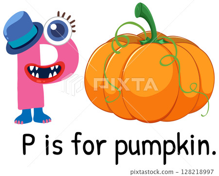 Playful Alphabet Illustration with Pumpkin 128218997