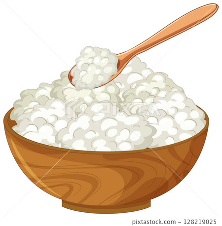 Wooden Bowl of Cottage Cheese with Spoon Wooden Bowl of Cottage Cheese with Spoon 128219025