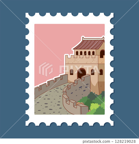 Great Wall Vector Illustration on Postage Stamp Great Wall Vector Illustration on Postage Stamp 128219028