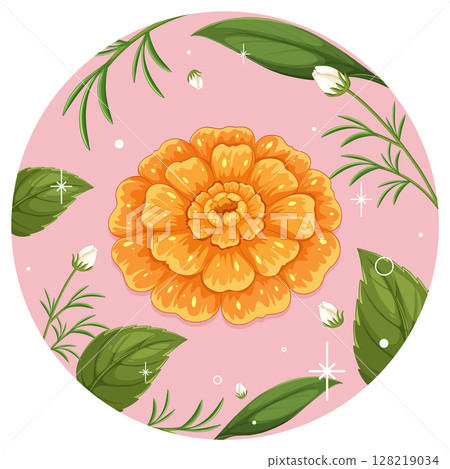 Vibrant Marigold with Leaves on Pink Background 128219034