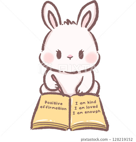 Cute Cartoon Bunny Writing Positive Affirmations in Journal Kawaii Rabbit Illustration Representing Self Love Mindfulness Motivation Confidence and Adorable Animal Character for Inspiring Designs 128219152