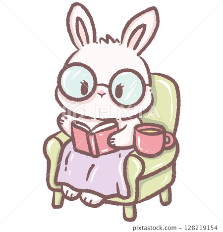 Cute Cartoon Bunny Reading Book with Glasses Sitting in Chair with Hot Drink Kawaii Rabbit Illustration Representing Relaxation Knowledge Learning Comfort Cozy Home and Adorable Animal Character Desig 128219154
