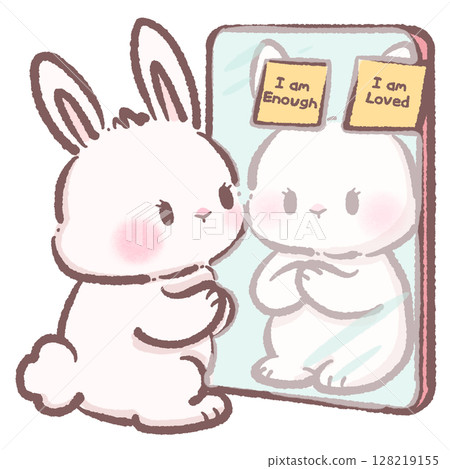 Cute Cartoon Bunny Looking at Mirror with Positive Affirmations Kawaii Rabbit Illustration Representing Self Love Confidence Mindfulness Motivation and Adorable Animal Character Design Concept Cute Cartoon Bunny Looking at Mirror with Positive Affirmations Kawaii Rabbit Illustration Representing Self Love Confidence Mindfulness Motivation and Adorable Animal Character Design Concept 128219155