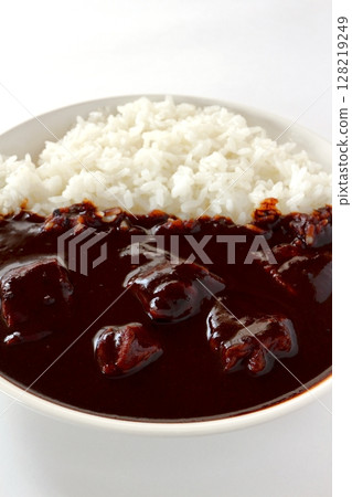 Beef curry rice and black curry on white background Beef curry rice and black curry on white background 128219249