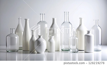 白色背景上排列著四個陶瓷瓶和玻璃瓶 128219278