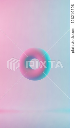 甜甜圈形狀的圓環漂浮在淡粉色和藍色漸變背景上 甜甜圈形狀的圓環漂浮在淡粉色和藍色漸變背景上 128219308