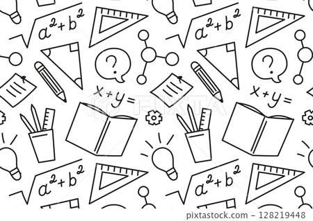 Flat cartoon vector pattern with doodle school supplies and science symbols. Black and white background with illustrations of books, rulers, math formulas, light bulb. Education, academic learning 128219448
