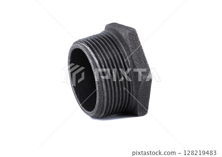 A close-up of a black, threaded pipe fitting, isolated on a white backdrop. A close-up of a black, threaded pipe fitting, isolated on a white backdrop. 128219483
