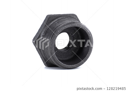 Black metal pipe fitting on a white background, perfect for industrial and construction projects. 128219485