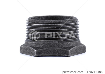 A close-up of a black pipe fitting isolated against a clean white backdrop. 128219486