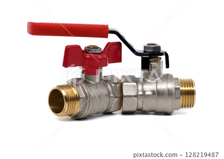 A brass ball valve with a bright red handle, perfect for plumbing projects. A brass ball valve with a bright red handle, perfect for plumbing projects. 128219487