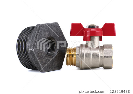 Detailed shot of plumbing components, including a valve and a threaded fitting, on a white backdrop. Detailed shot of plumbing components, including a valve and a threaded fitting, on a white backdrop. 128219488