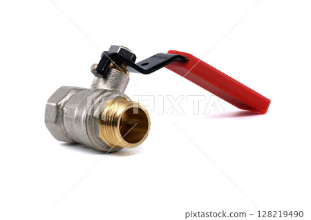 The close-up showcases a metal ball valve with a red handle on a clean white background. 128219490