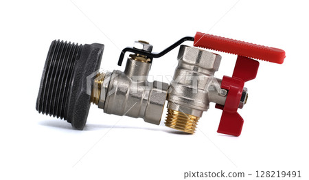 Detailed view of a water valve assembly, highlighting its mechanical components and red handle. Detailed view of a water valve assembly, highlighting its mechanical components and red handle. 128219491