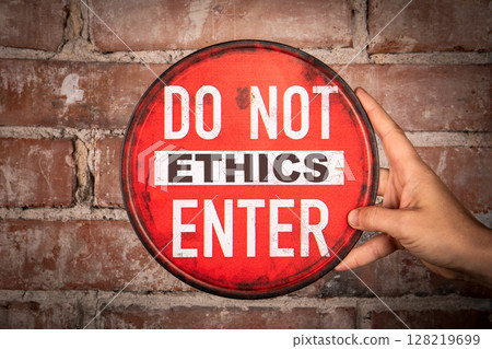 Ethics Violation Warning Sign Concept on Red Background with Do Not Enter Message 128219699