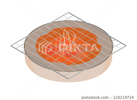 Illustration of a square grill being placed on a heated charcoal grill 128219724