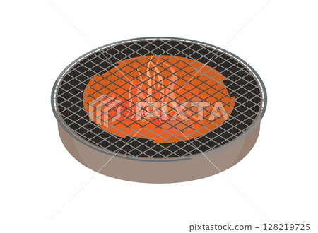 放置在加熱的木炭烤架上的圓形烤架的插圖 128219725
