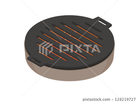 Illustration of a round iron plate being placed on a heated charcoal grill 128219727