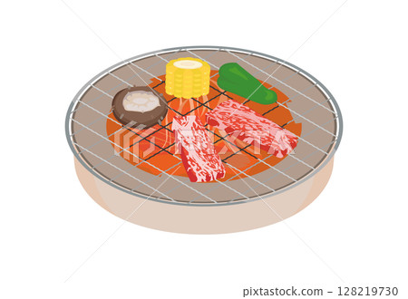 圓形烤架上烤肉的插圖 圓形烤架上烤肉的插圖 128219730