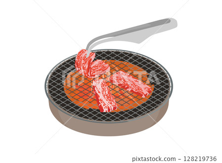 用圓形烤架上的鉗子在木炭烤架上烤肉的插圖 128219736