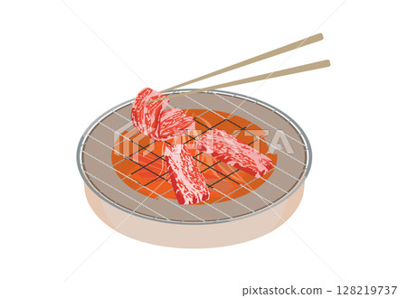 用筷子在圓形烤架上烤肉的木炭烤架上的插圖 128219737