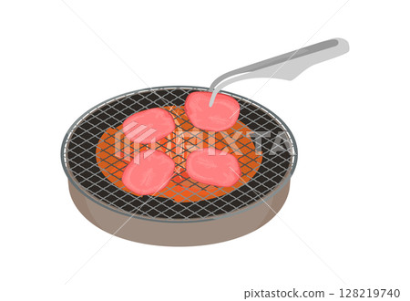 用鉗子在圓形烤架上烤製鹹舌頭的插圖 128219740