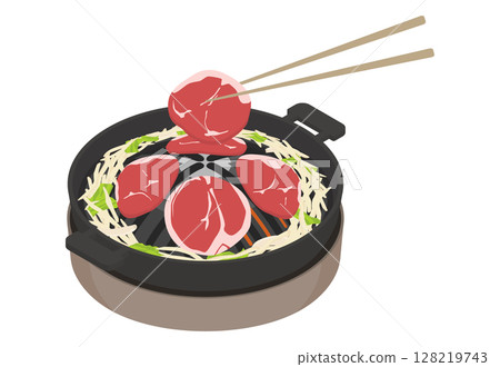 Illustration of lamb roll Genghis Khan with chopsticks on a charcoal grill Illustration of lamb roll Genghis Khan with chopsticks on a charcoal grill 128219743
