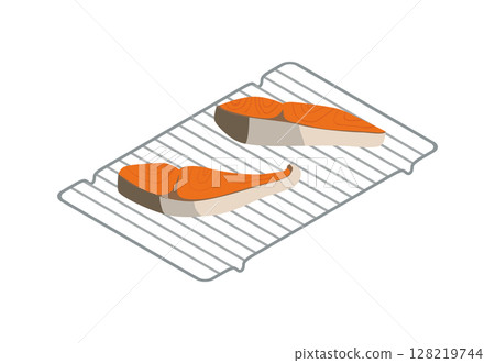 Illustration of salmon fillets placed on a fish grill Illustration of salmon fillets placed on a fish grill 128219744