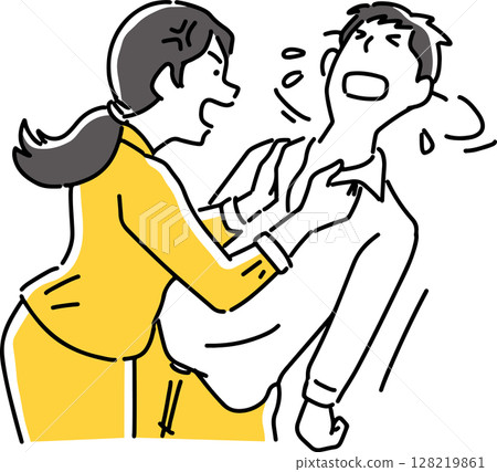 一名女子抓住一名男子的衣領並審問他 128219861